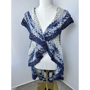 Handmade Crochet Sleeveless Vest With Open Pattern In Blues Stripe Medium Boho